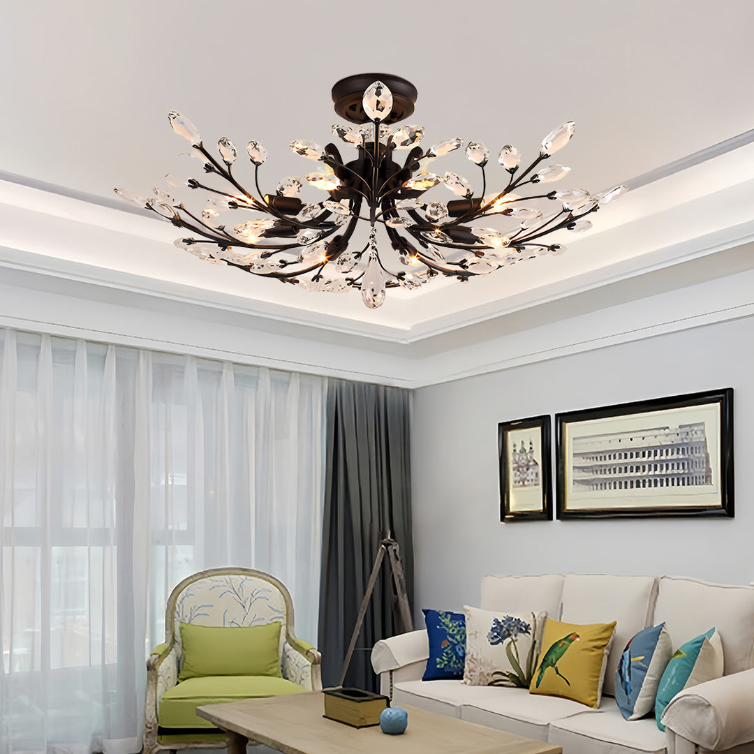 Crystal semi flush ceiling light in stylish living room with neutral furniture and contemporary interior design