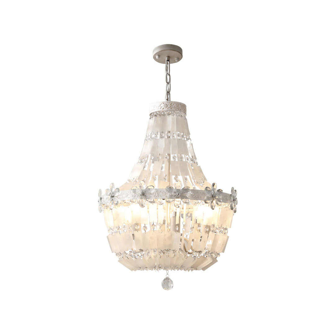 Crystal vintage chandelier with layered clear crystals, candle-style lights, and an elegant silver frame.