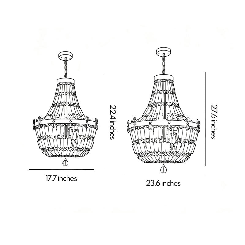Crystal vintage chandelier dimension drawing showing two fixture sizes and overall hanging proportions.