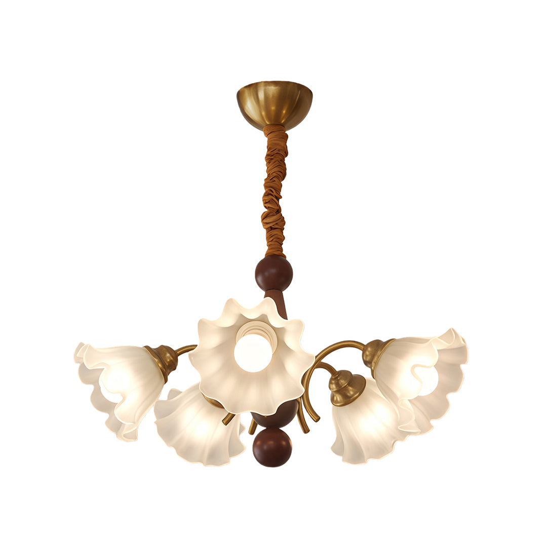Crystal vintage chandelier featuring illuminated white flower-shaped glass shades with warm golden glow from below.