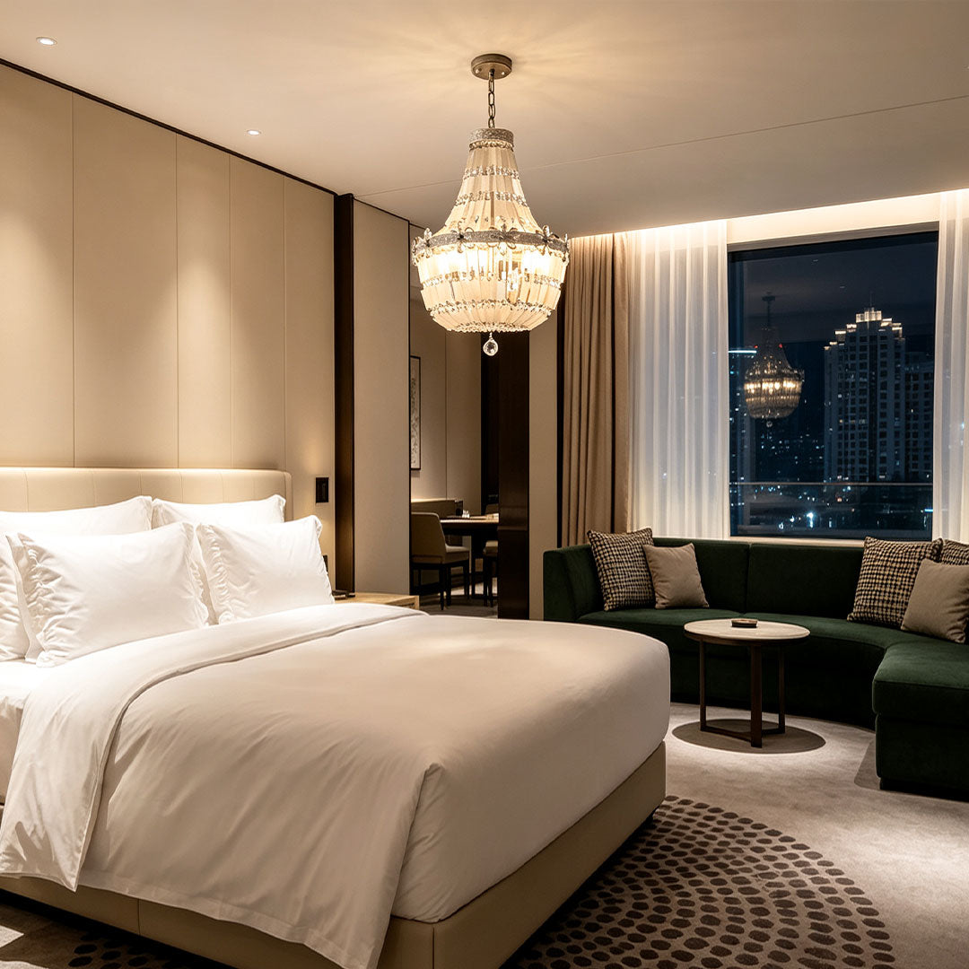 Crystal vintage chandelier installed in a modern bedroom with warm ambient illumination at night.