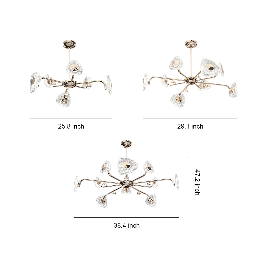 Multiple crystal vintage chandelier designs featuring branching arms with glass flower shades in polished chrome finish