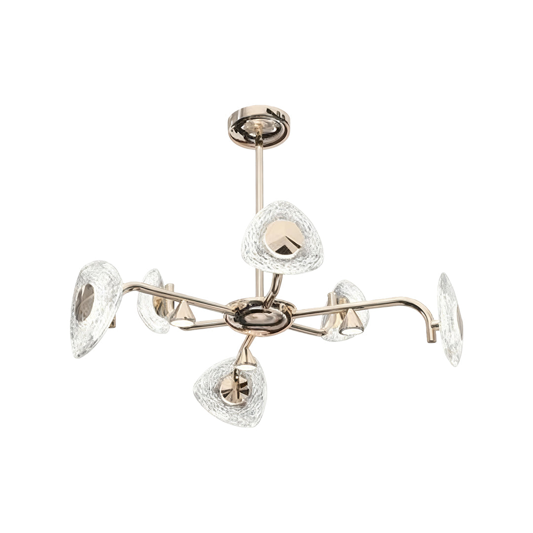 Crystal vintage chandelier with symmetrical arms and frosted glass flower shades in polished nickel finish