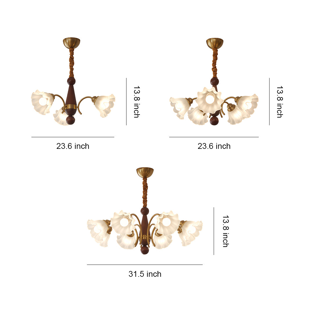 Crystal vintage chandelier with wooden center post and six curved brass arms holding flower-shaped frosted glass shades.