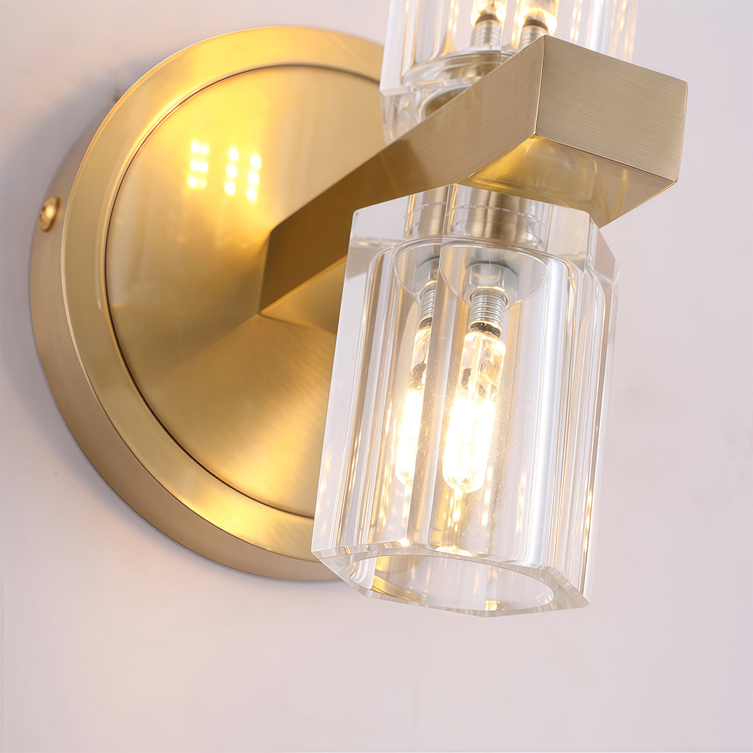 Modern luxury chandeliers style crystal wall light close-up showcasing brass and glass detail
