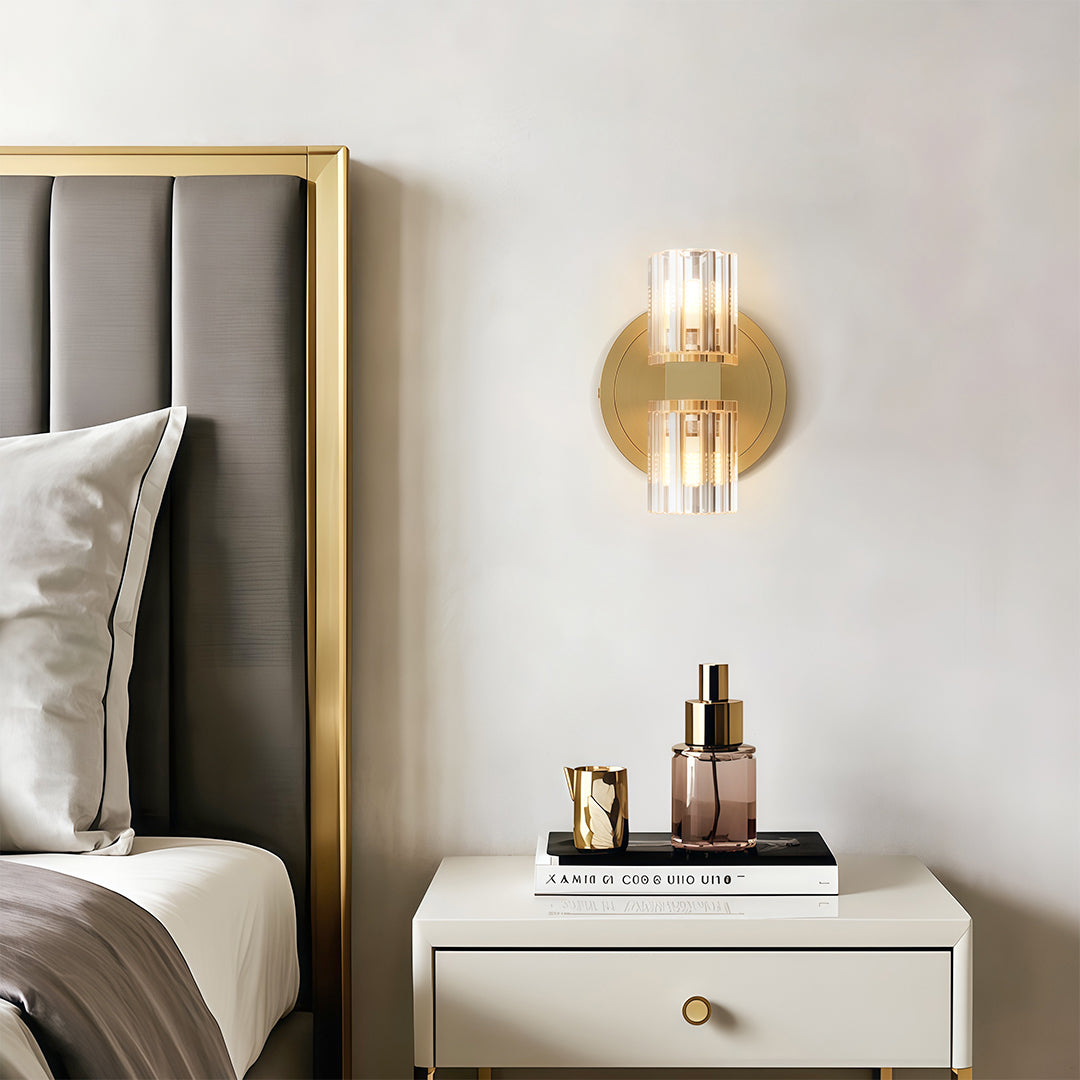 Modern luxury chandeliers inspired crystal wall light creating warm glow in serene bedroom