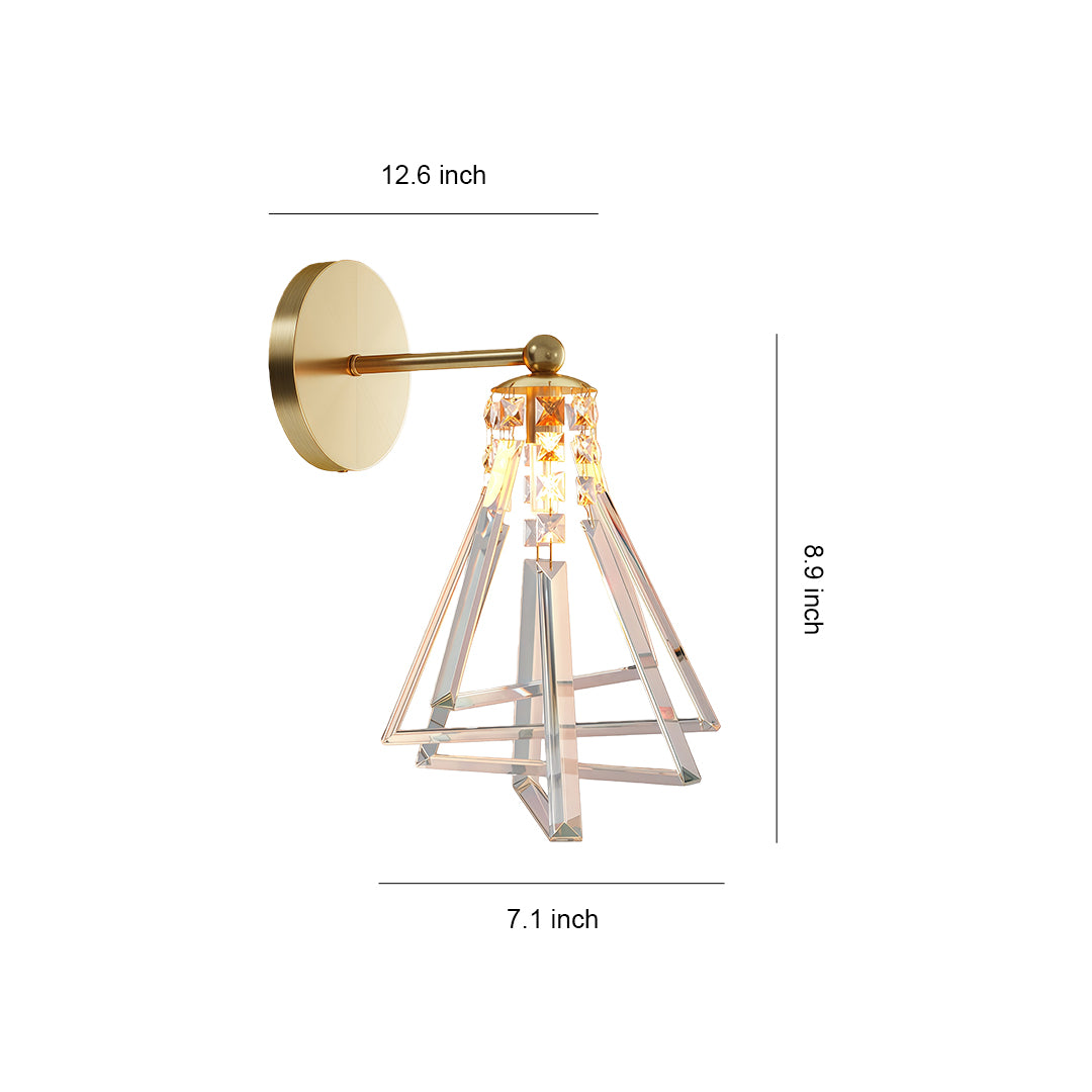 Crystal wall lights with glass shade chandelier inspired design featuring geometric wire frame in gold finish with suspended crystals and dimensions.