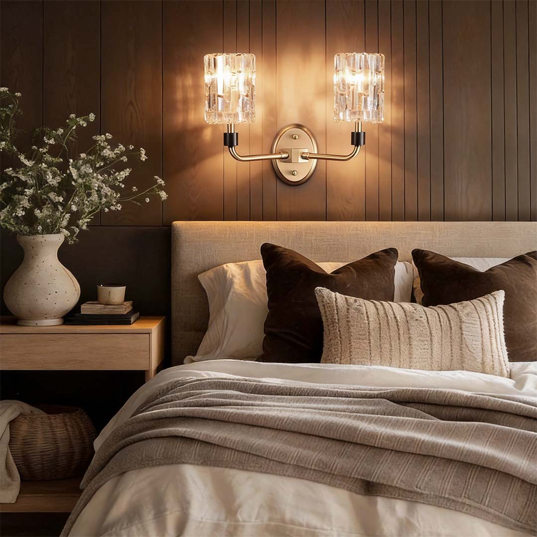 Crystal wall lights gold with a close-up of their sparkling crystal and gold frame above a bed.
