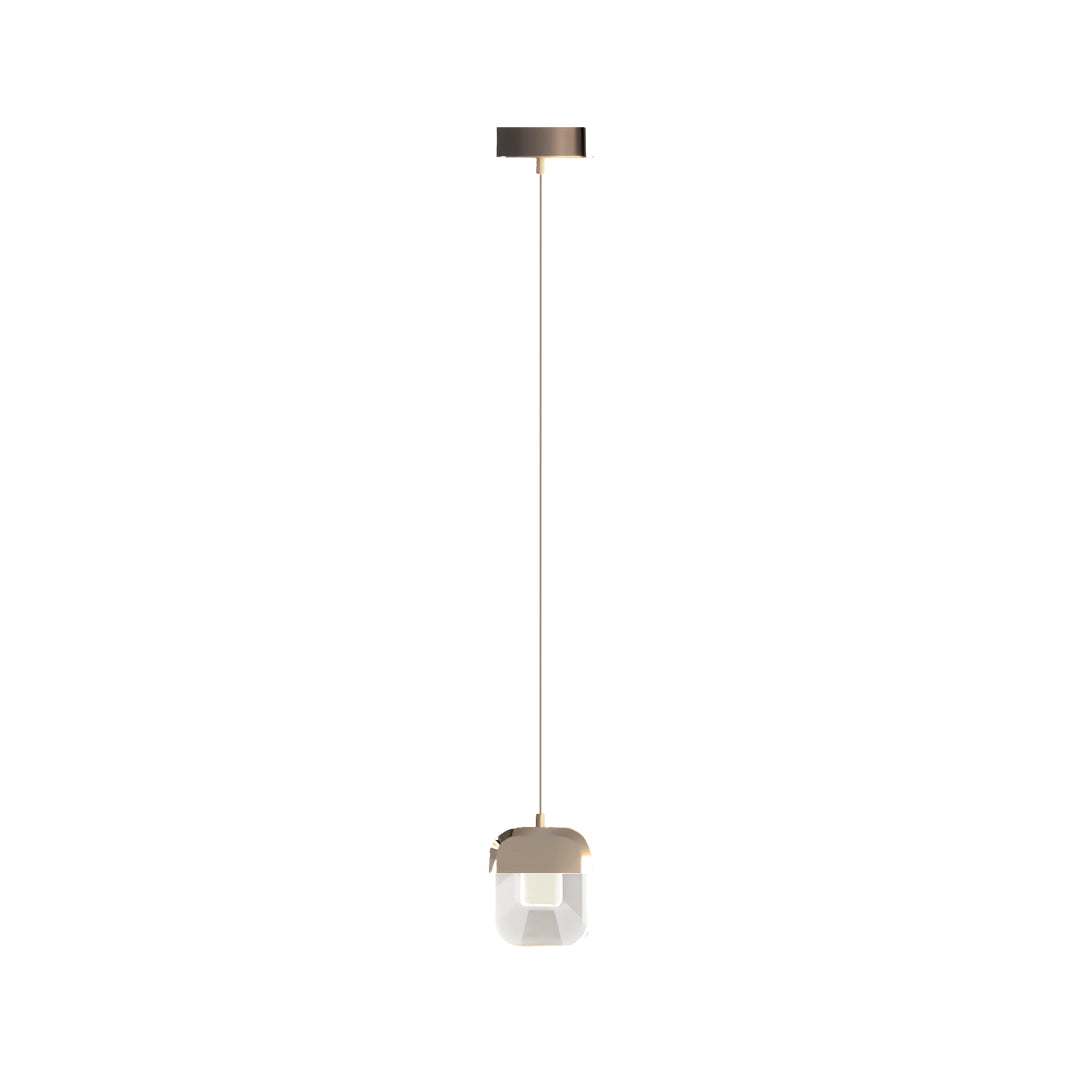 Single suspended crystal wall sconce lighting with warm brass top and small crystal diffuser.