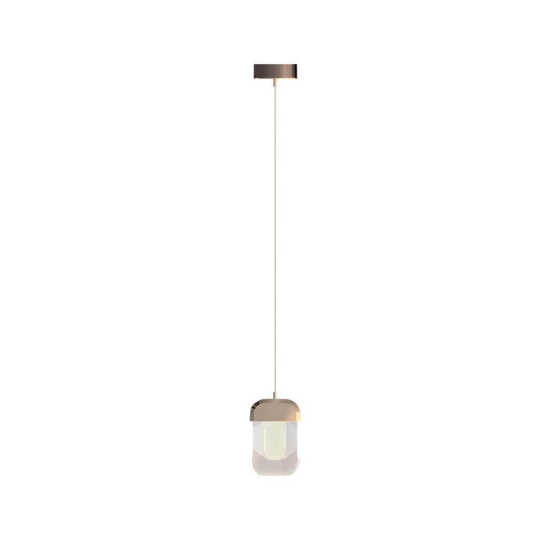 Contemporary crystal wall sconce lighting featuring a compact cylindrical crystal shade and thin suspension.
