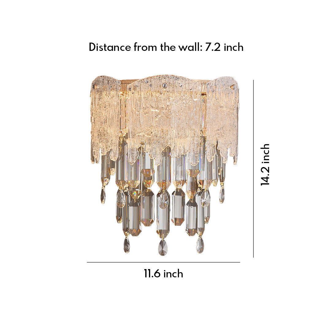 Crystal wall sconce lighting size chart with gold base and cascading crystal drops.