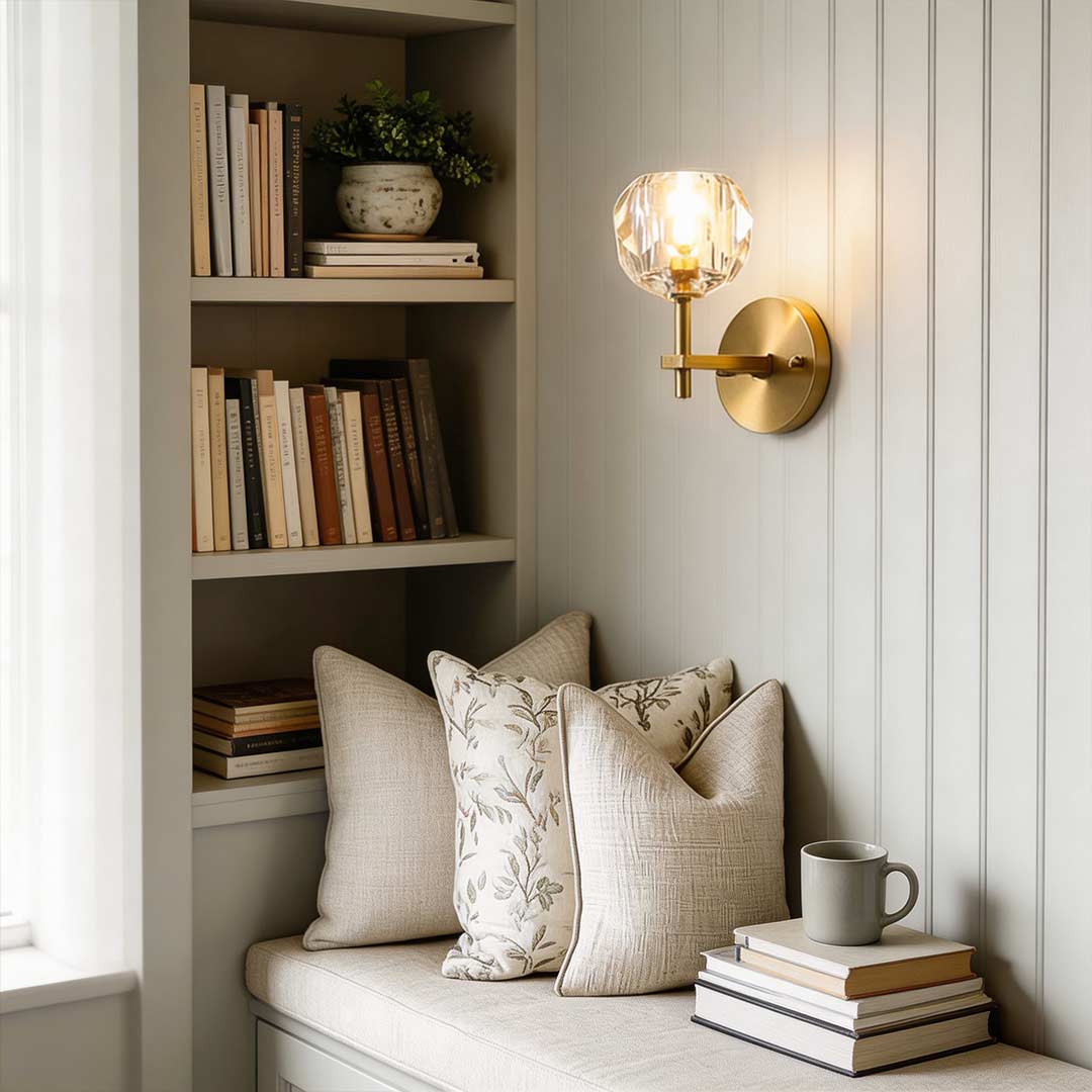 Crystal wall sconce with shade illuminating a cozy reading nook with warm ambient glow.