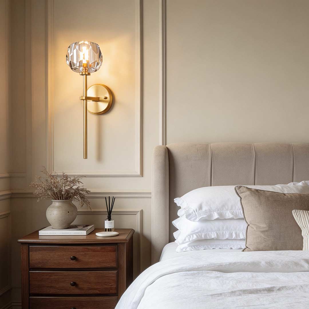 Crystal wall sconce with shade enhancing a modern bedroom with elegant directional light.