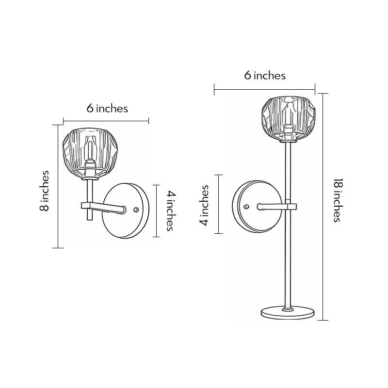 Technical diagram showing dimensions and structure of crystal wall sconce with shade models.