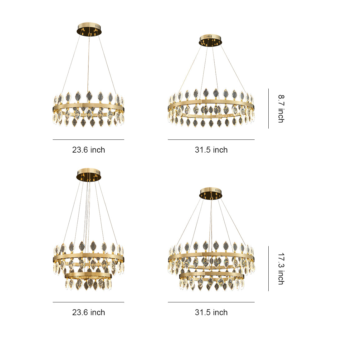 Crystorama chandeliers in different sizes with detailed dimension chart.