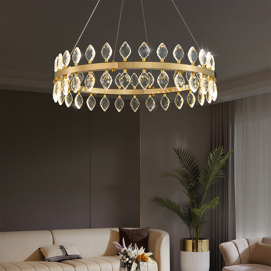 Crystorama chandelier over a modern dining table with soft lighting.