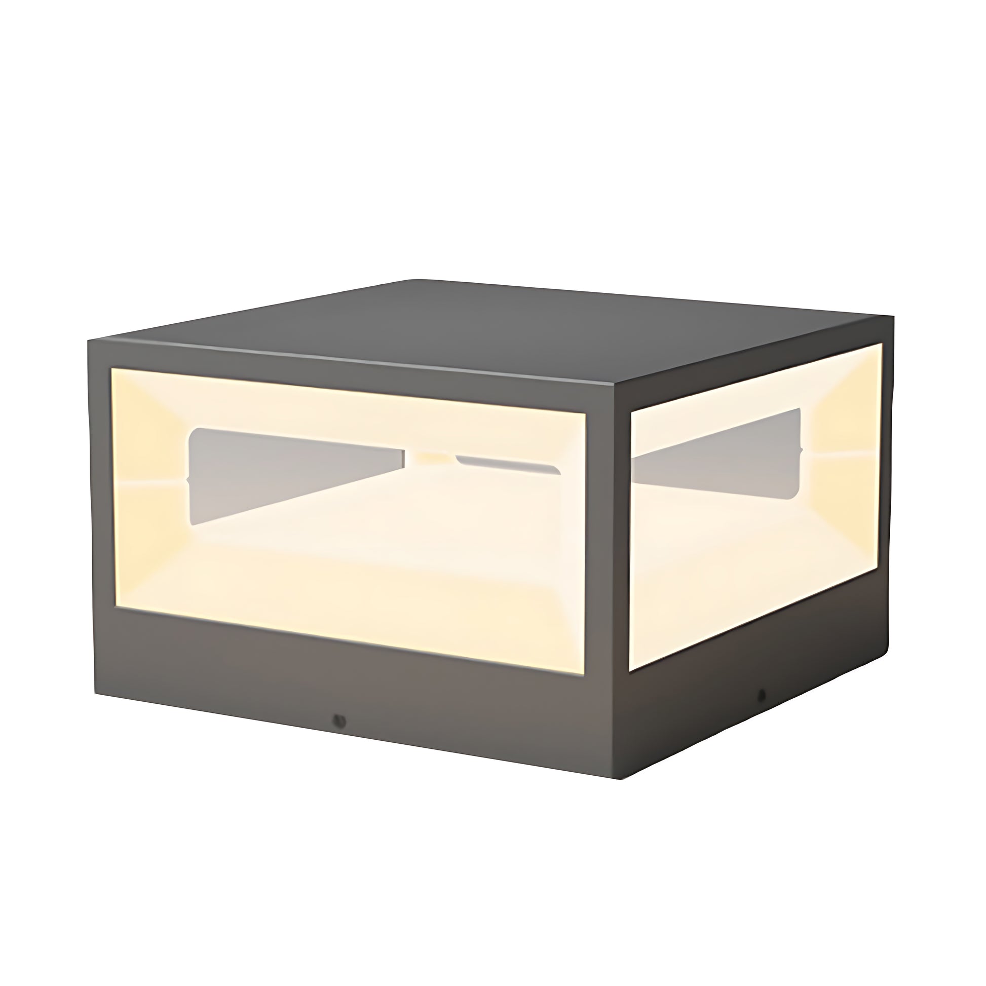 Sleek cube-shaped bollard light featuring contrasting black top and illuminated white base for pathway applications