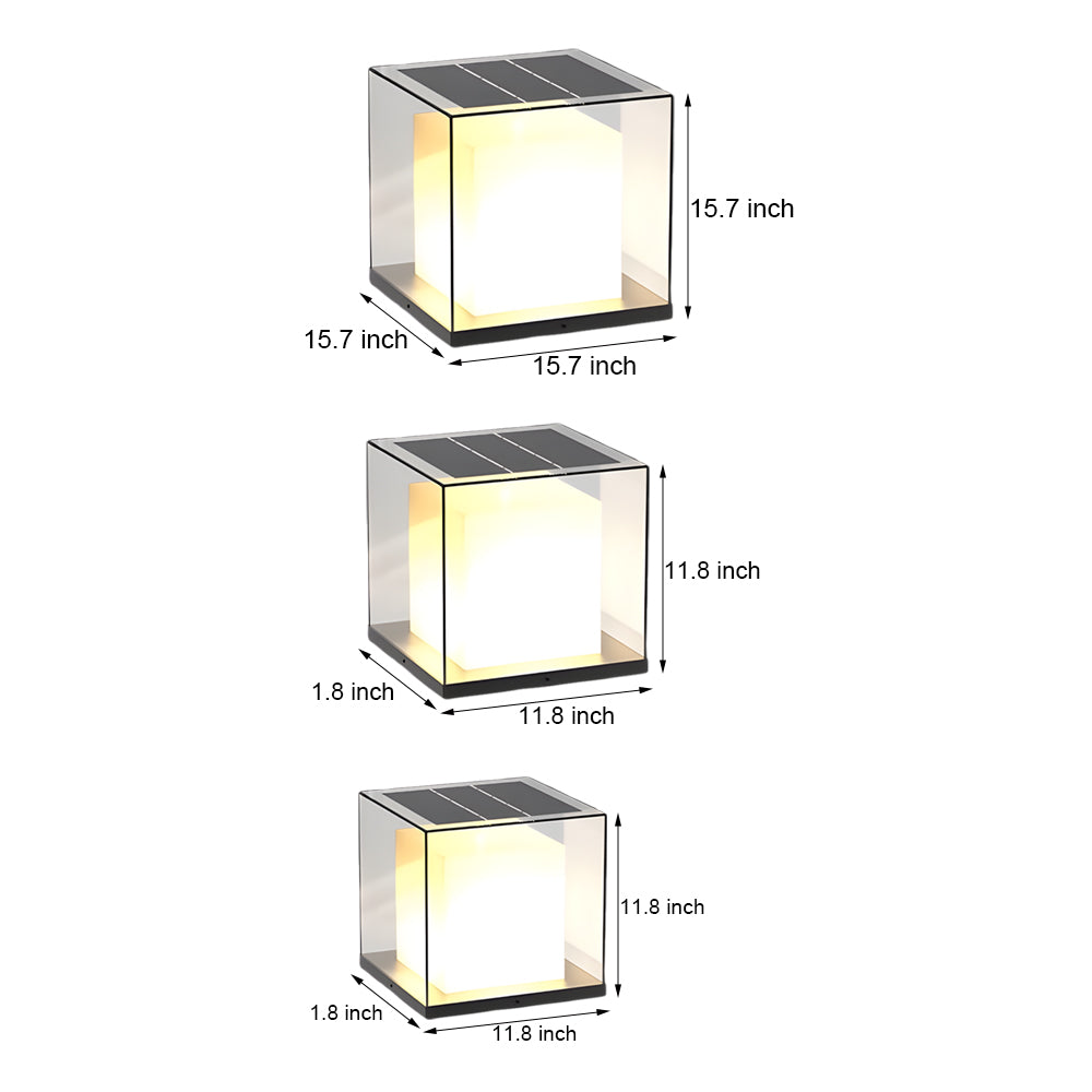 Technical specifications chart showing various sizes of cube-shaped gate pillar lighting fixtures