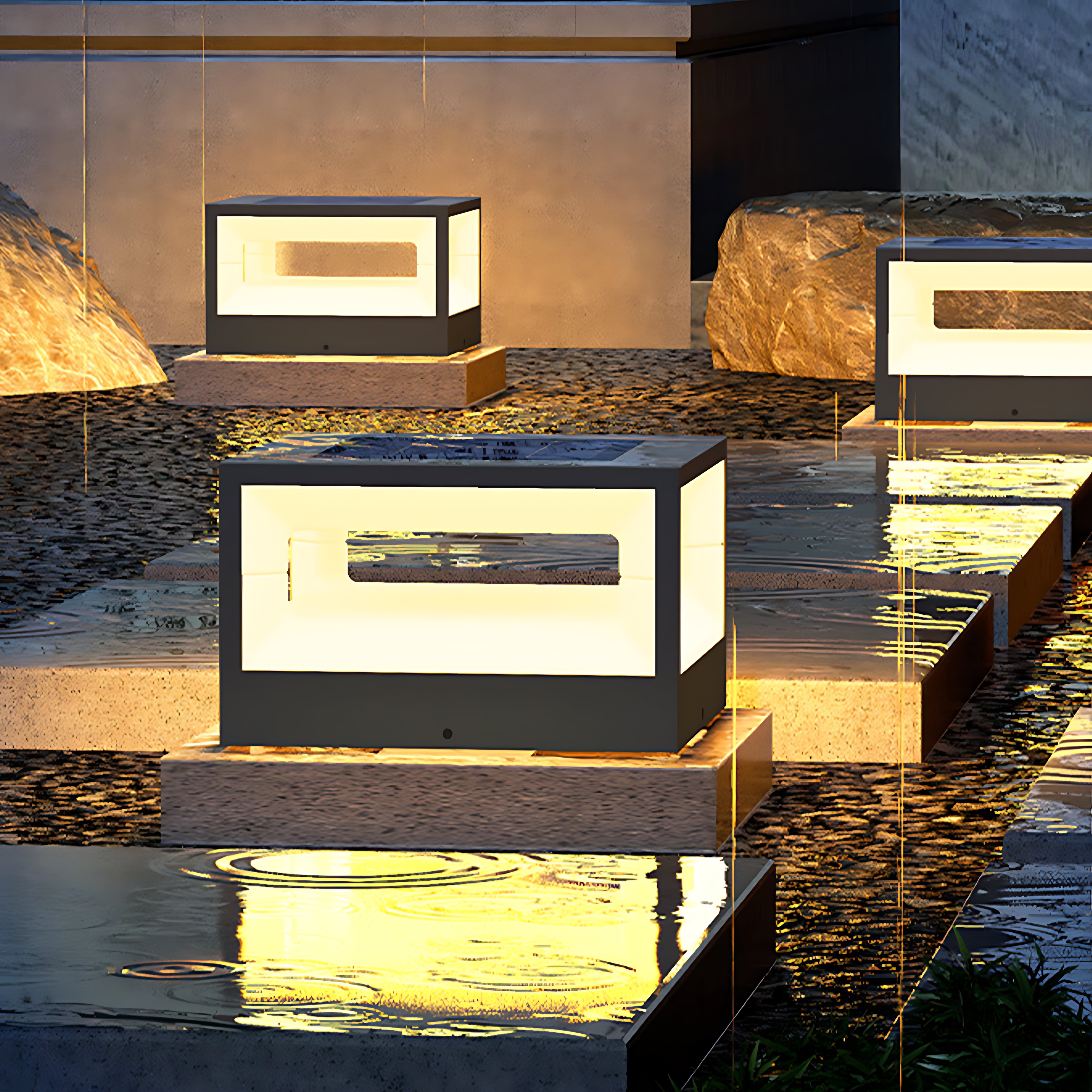 Architectural cube lighting installation reflecting on water surface creating dramatic evening ambiance in landscape design