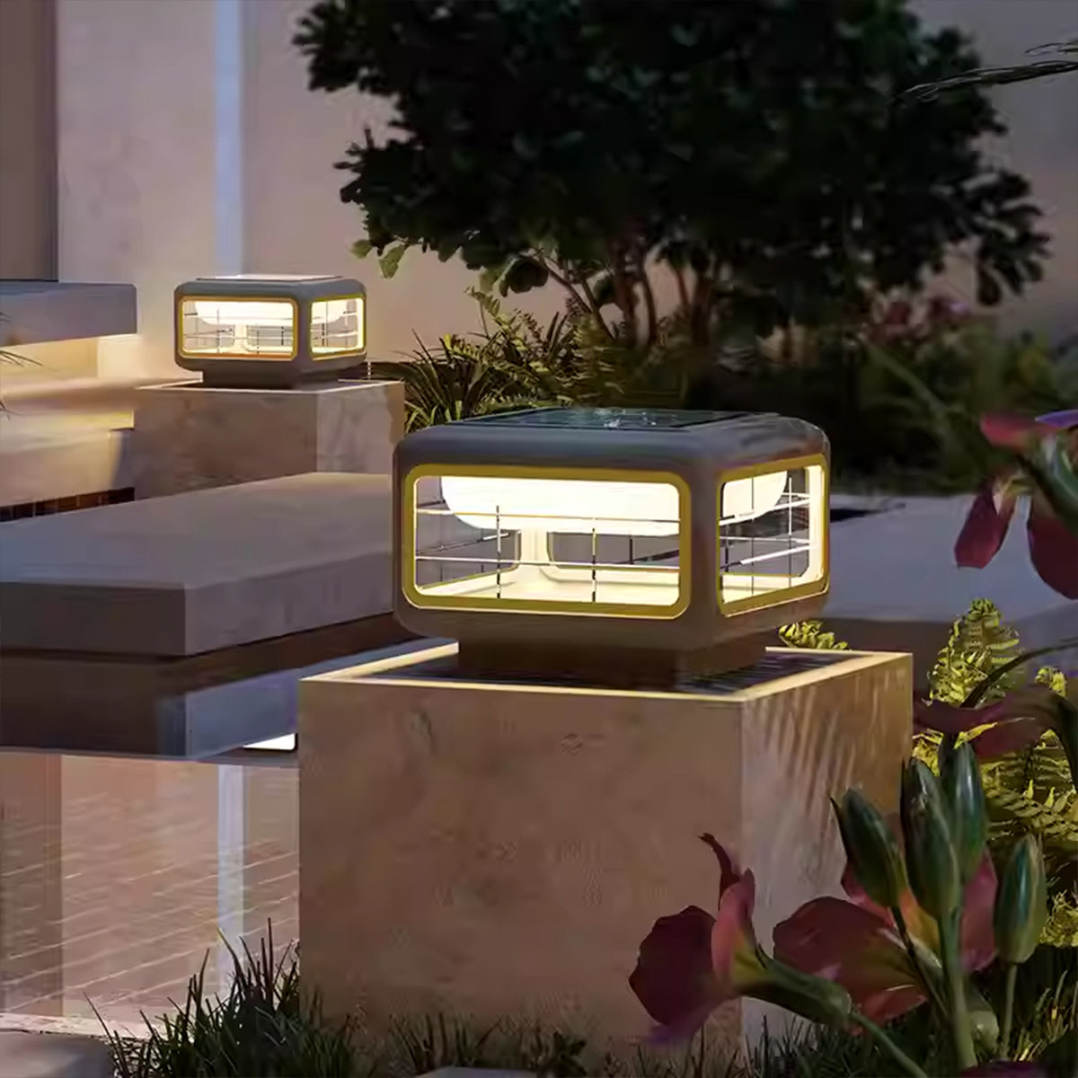 Stylish cube solar light creating atmospheric lighting in residential garden setting