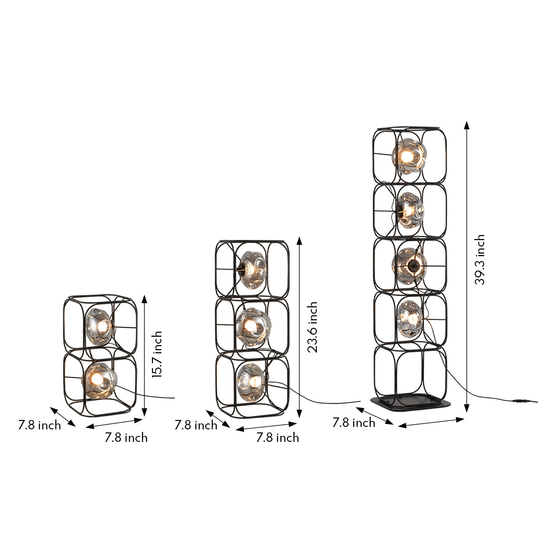 Technical drawing showing various cube table lamp configurations and modular geometric assembly options