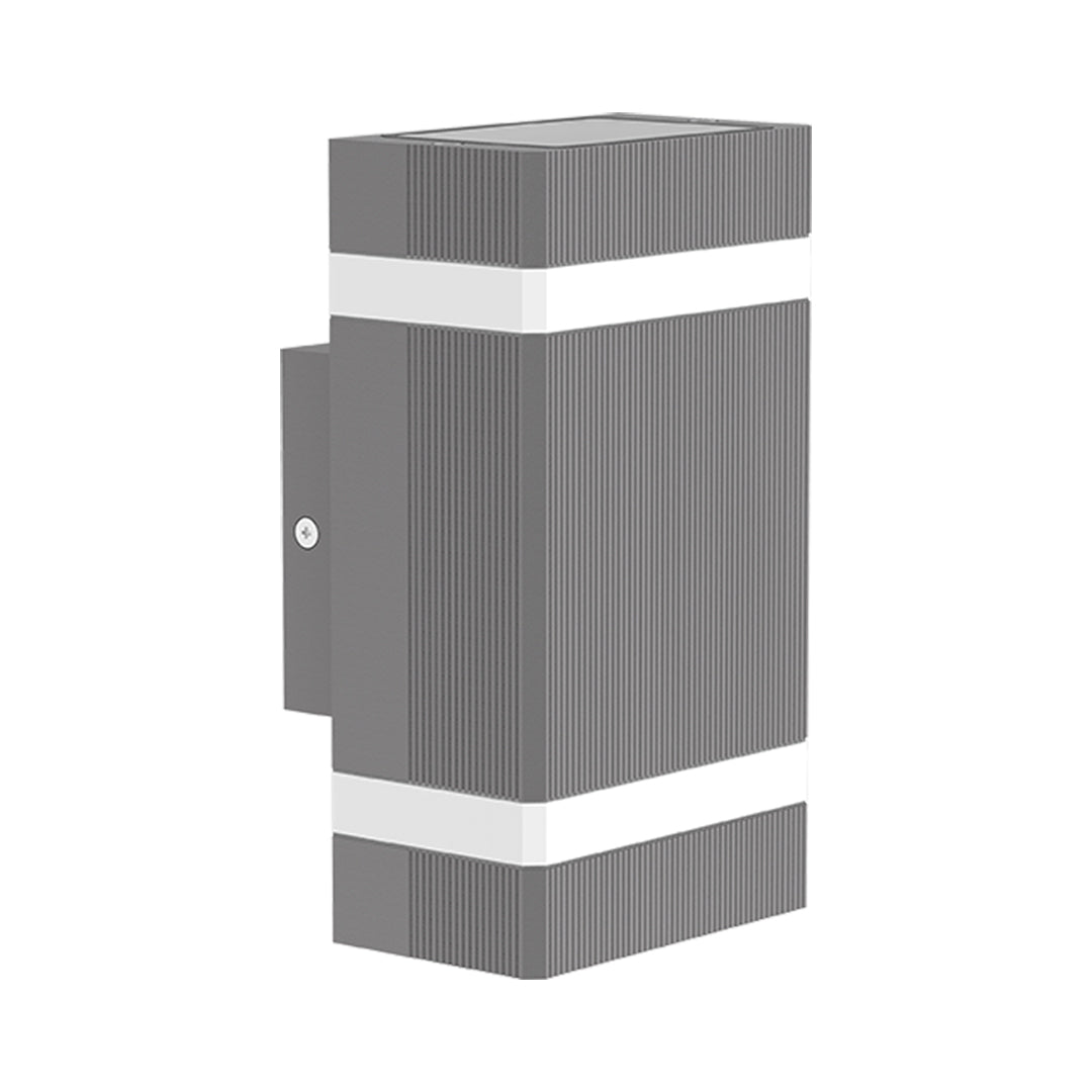 Cubic grey garden wall light with textured sides and horizontal light strips