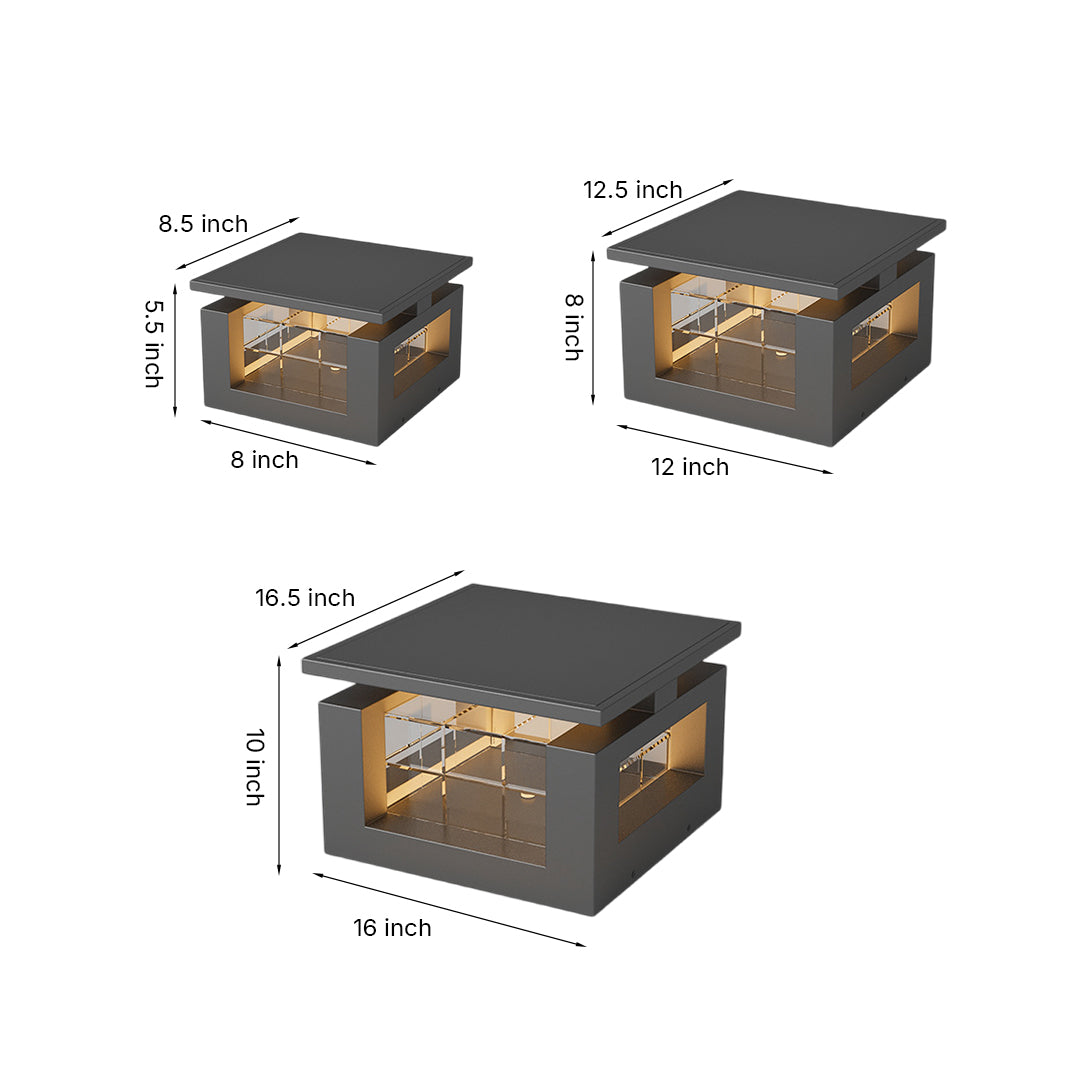 Technical specification drawings showing three different sizes of modern cubic outdoor light fixtures with dimensions