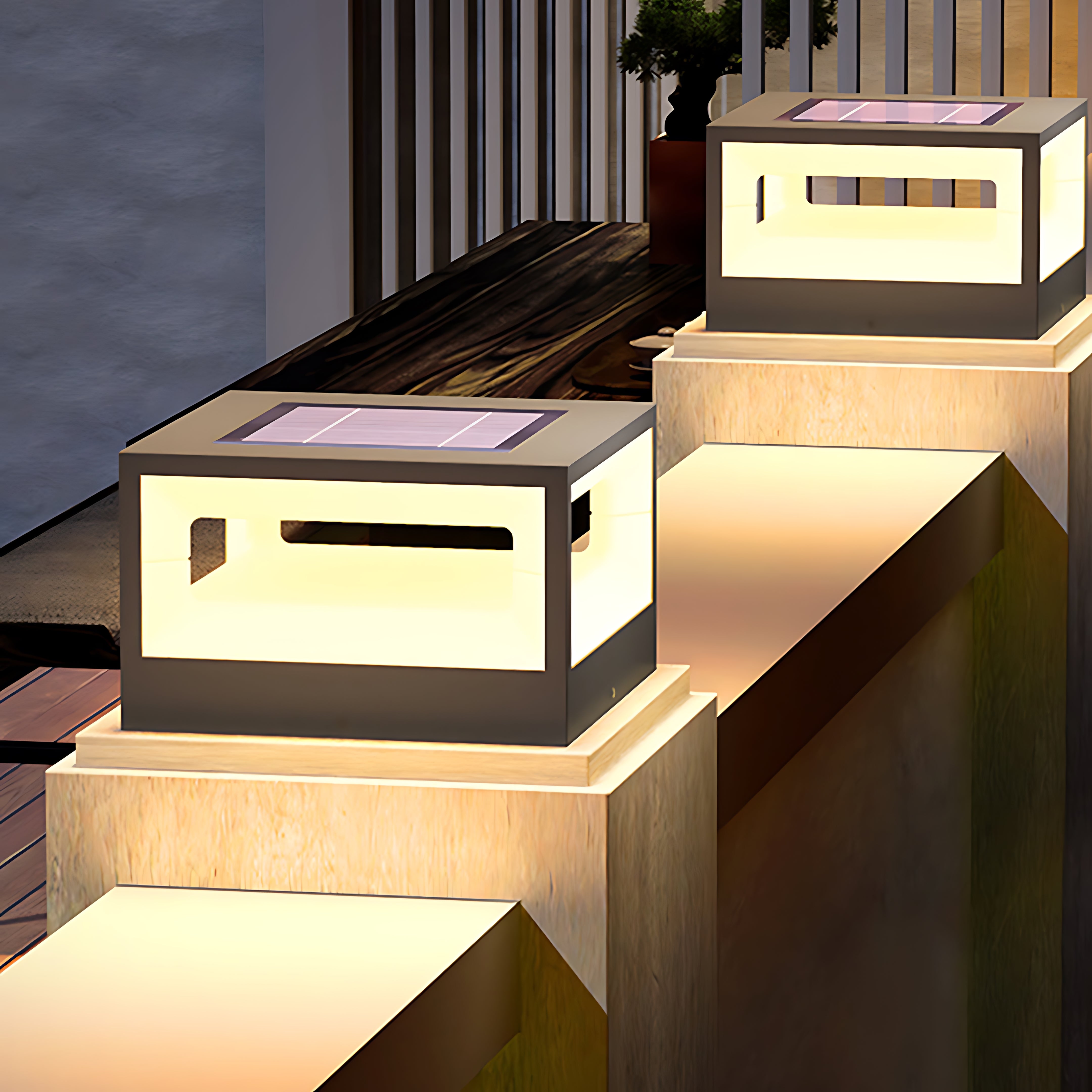 Contemporary cubic step lights installed on modern concrete staircase providing warm ambient illumination at dusk