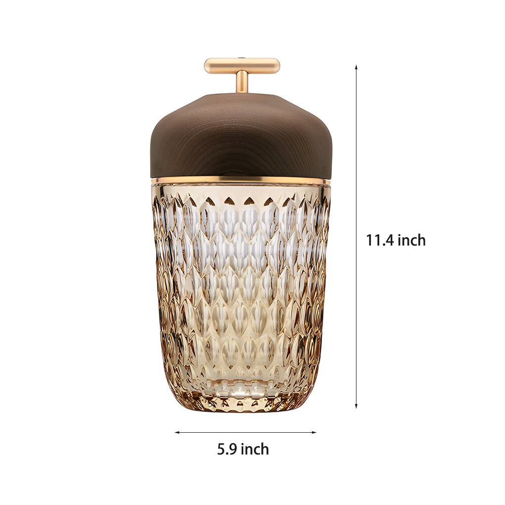 Transparent cup glass table lamp with a wooden lid and gold handle, dimensions highlighted.