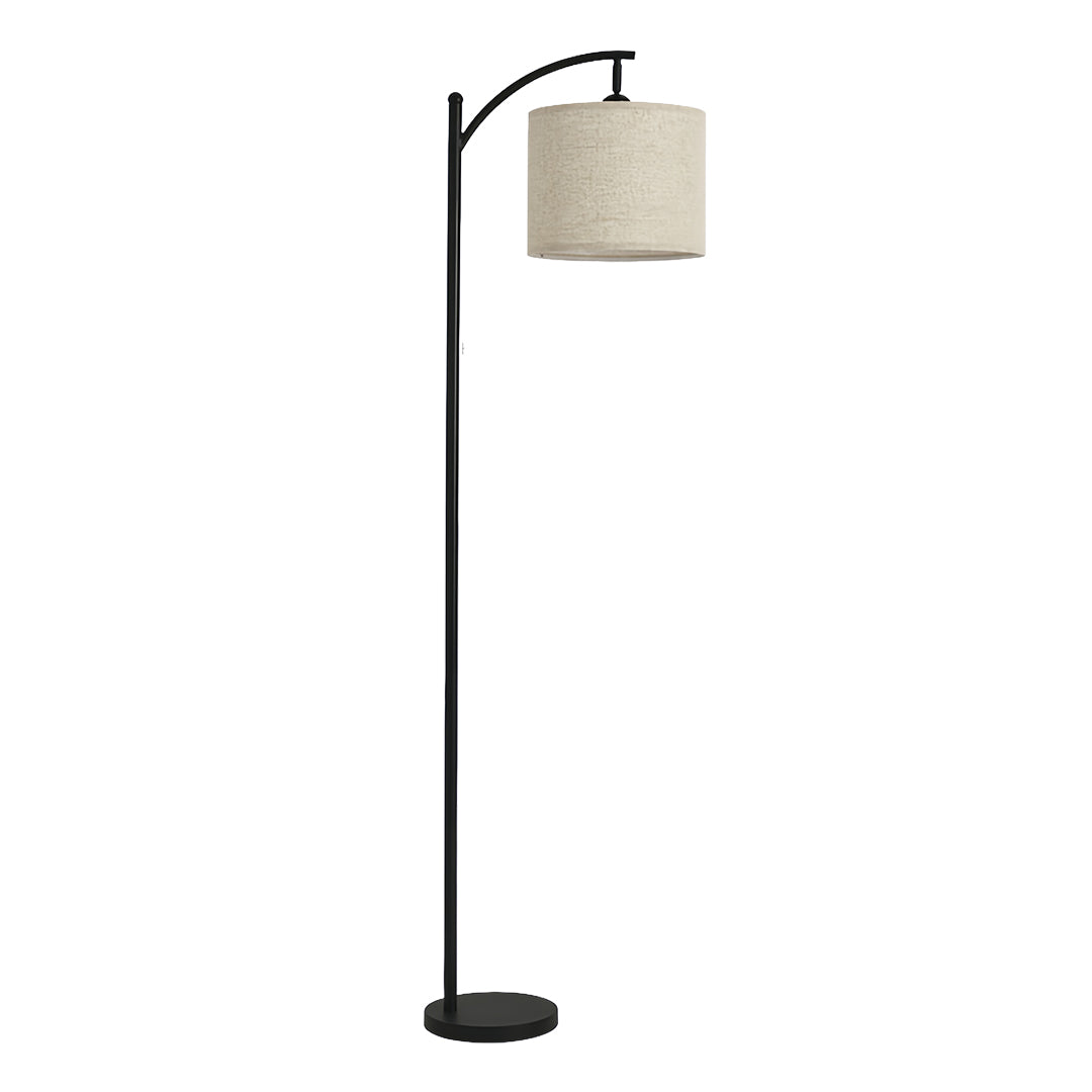 Contemporary small black pendant light with sleek curved arm and neutral fabric drum shade