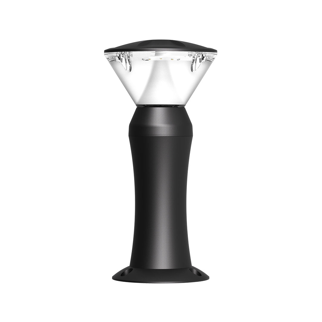 Black bollard light with curved base and transparent conical top shade