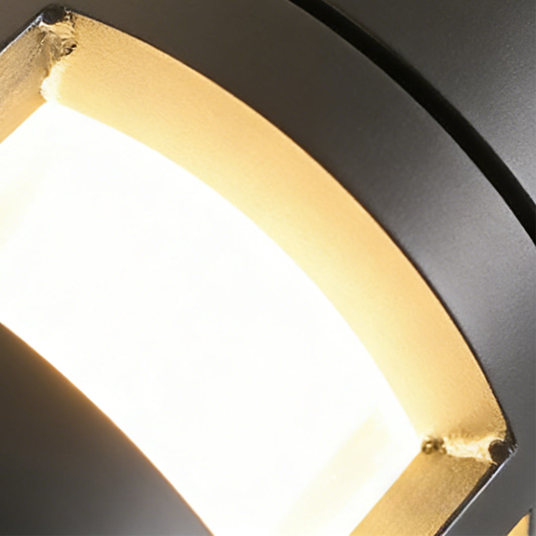 Modern curved outdoor sconces lights with warm LED glow, featuring sleek black frame and diffused illumination.