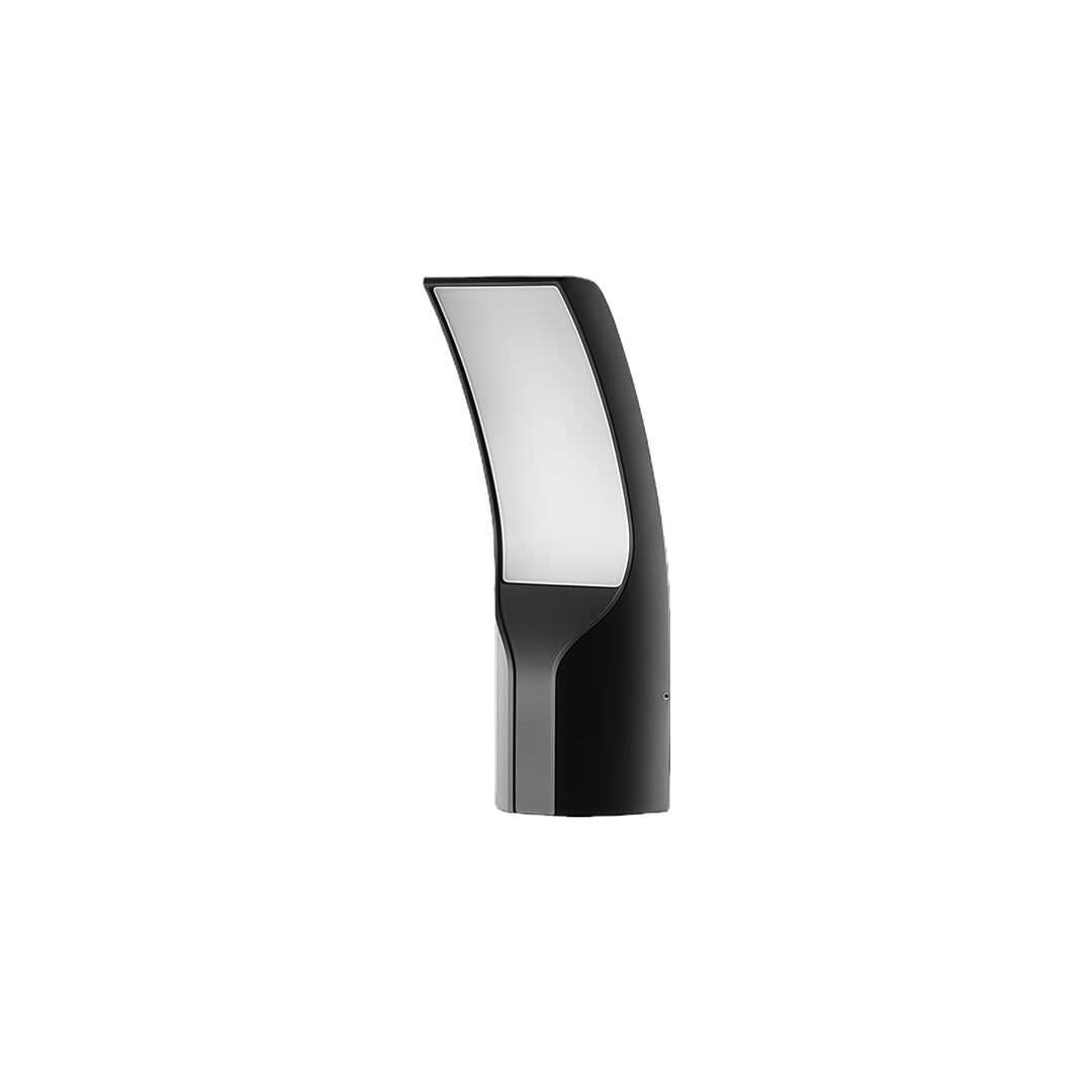 Curved black outdoor light mounted on a wall, providing soft, energy-efficient lighting in the garden.