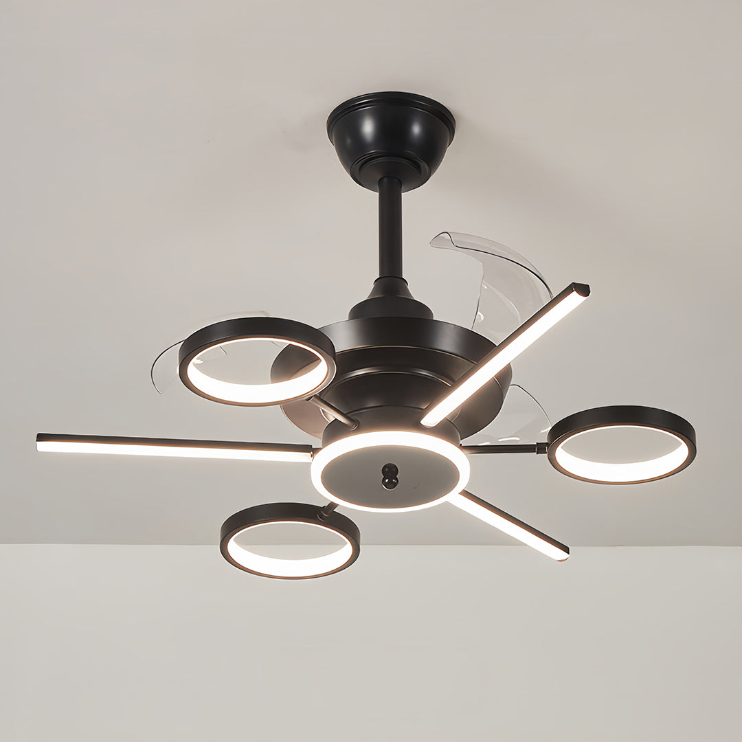 Close-up of curved blades on a ceiling fans with multiple lights, highlighting its aerodynamic design