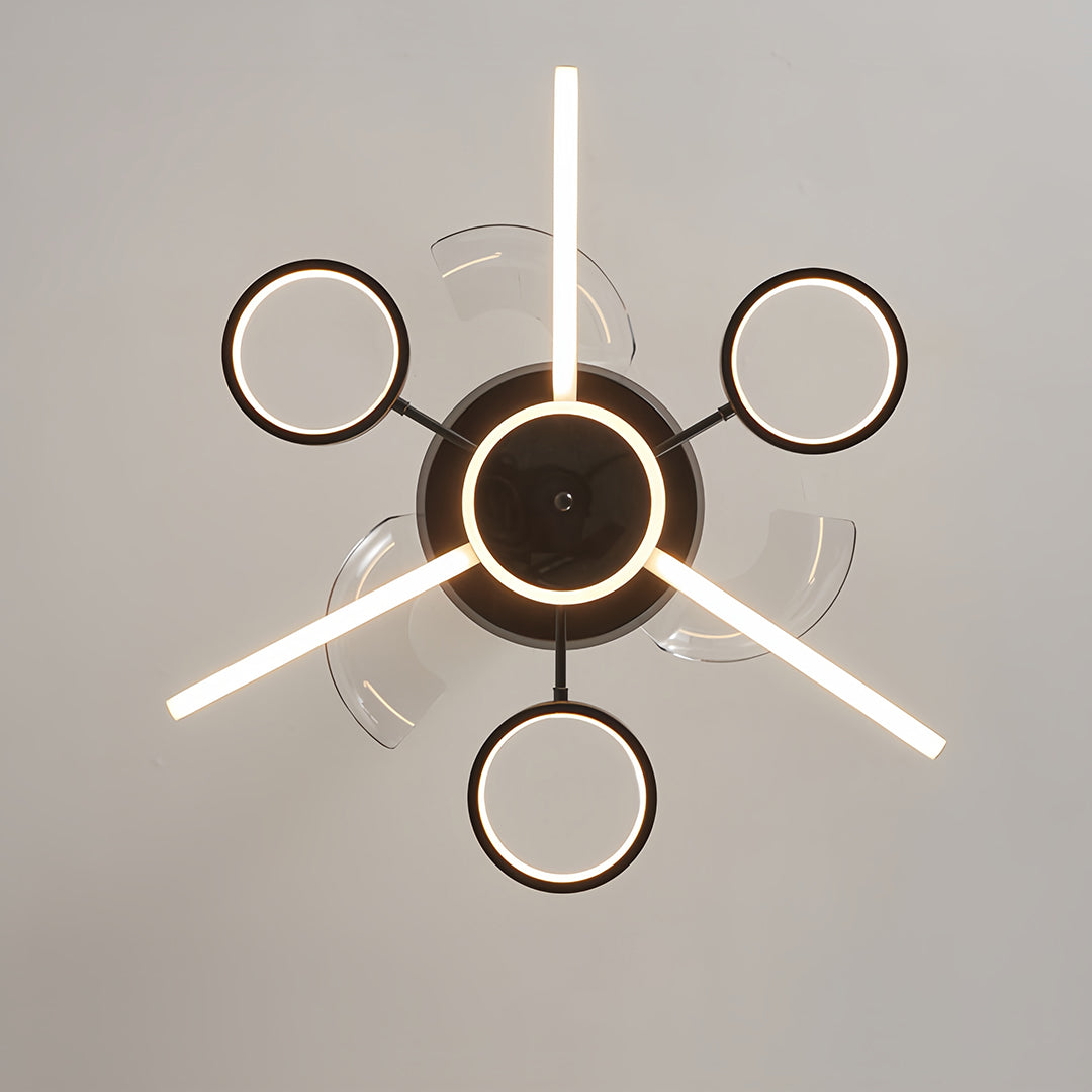 Close-up of curved blades on a ceiling fans with multiple lights, highlighting its aerodynamic design