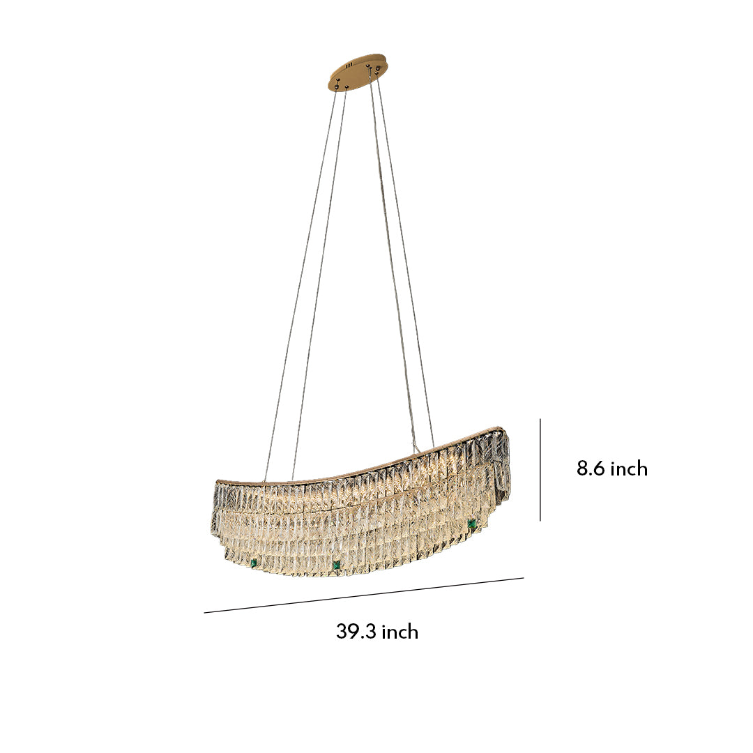 Curved crystal pendant chandelier design with detailed dimension view.