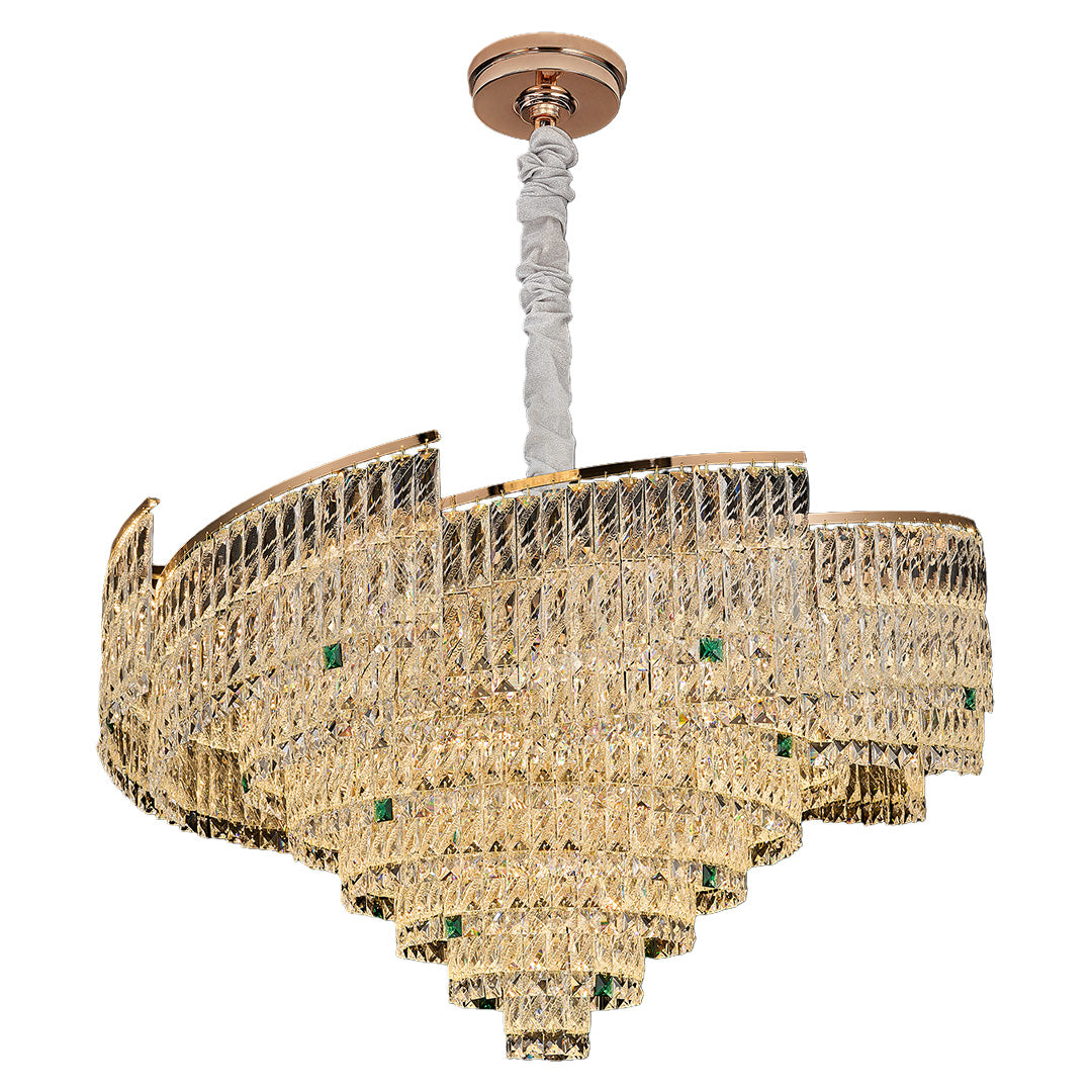 Curved crystal pendant chandelier with sparkling prisms and gold details.