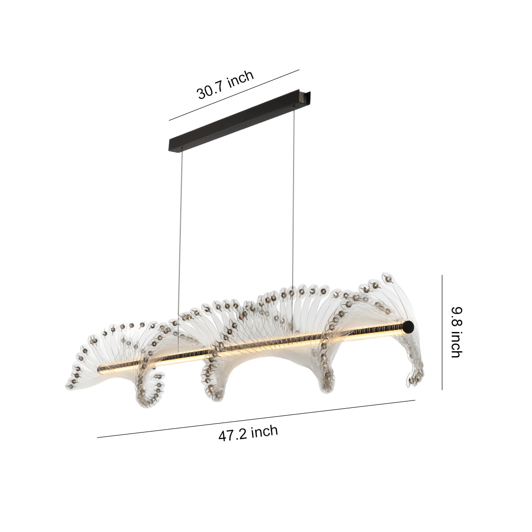 Modern spiral chandelier featuring curved design with cascading crystal elements and sleek black linear frame