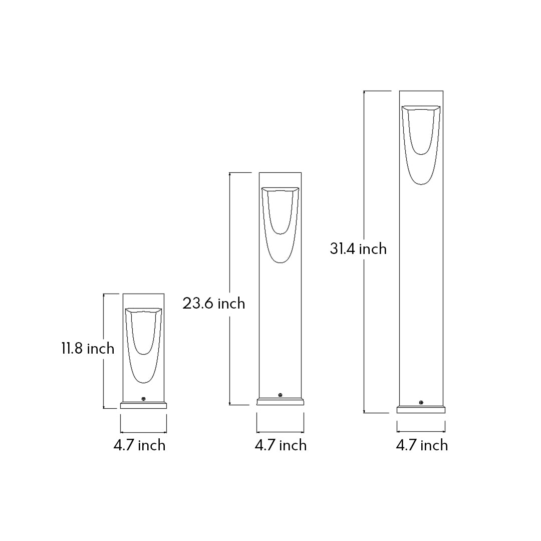 Technical specification drawing for cylindrical bollard light with curved cutout design and measurements