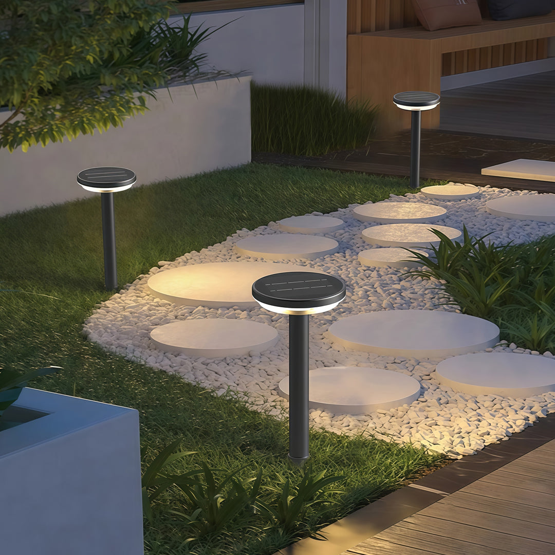 Elegant path light solar fixtures lining a curved garden walkway at night.