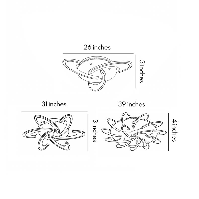 Curved LED ceiling light dimension drawing with overall diameter and height measurements.