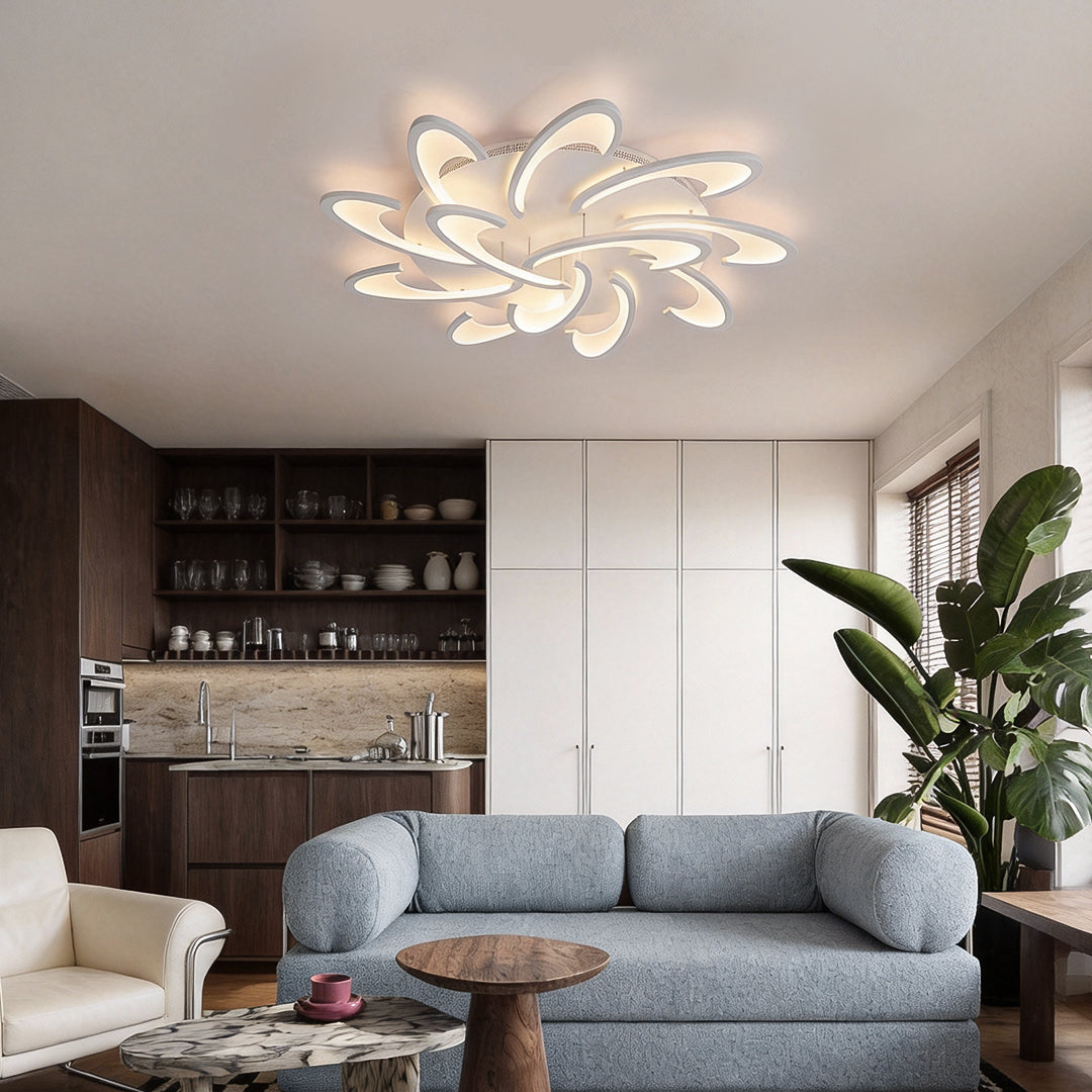 Curved LED ceiling light installed in a modern living room with soft ambient lighting.