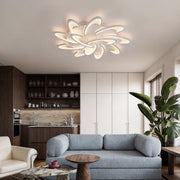 Curved LED ceiling light installed in a modern living room with soft ambient lighting.