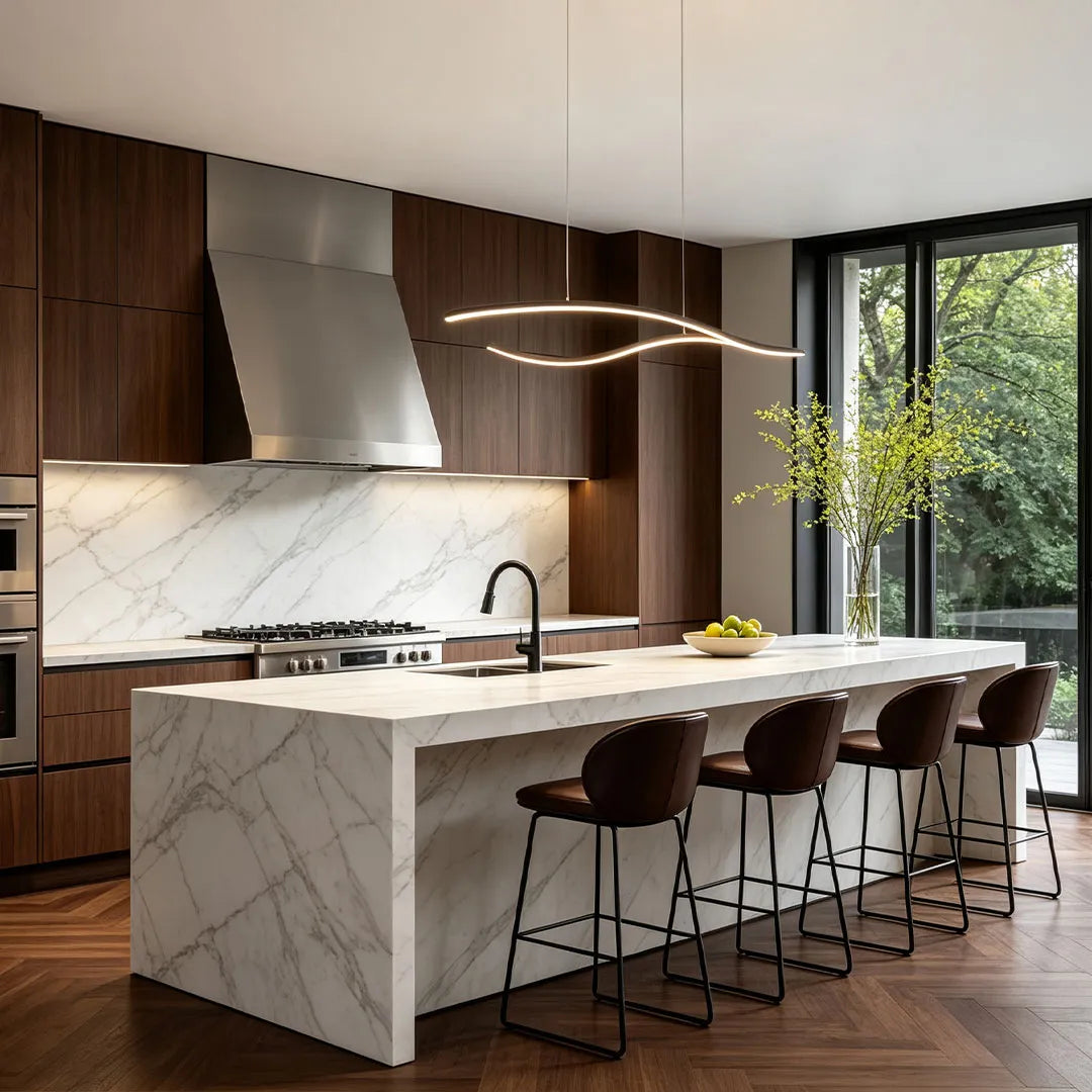 Curved LED pendant light hanging over a contemporary marble kitchen island with bar seating and dark wood cabinets.