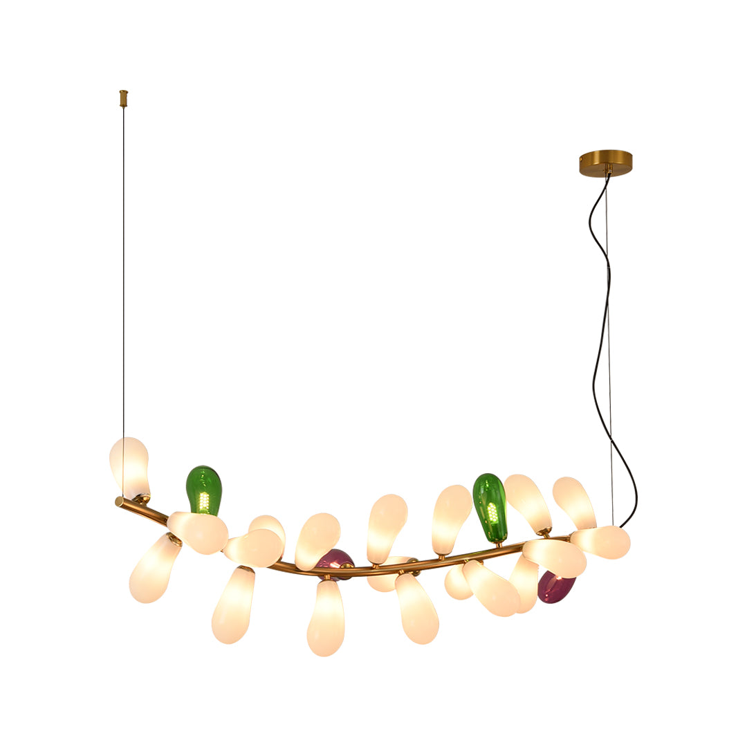 Suspended modern chandelier with curved frame and multi-color glass shades in a balanced layout.
