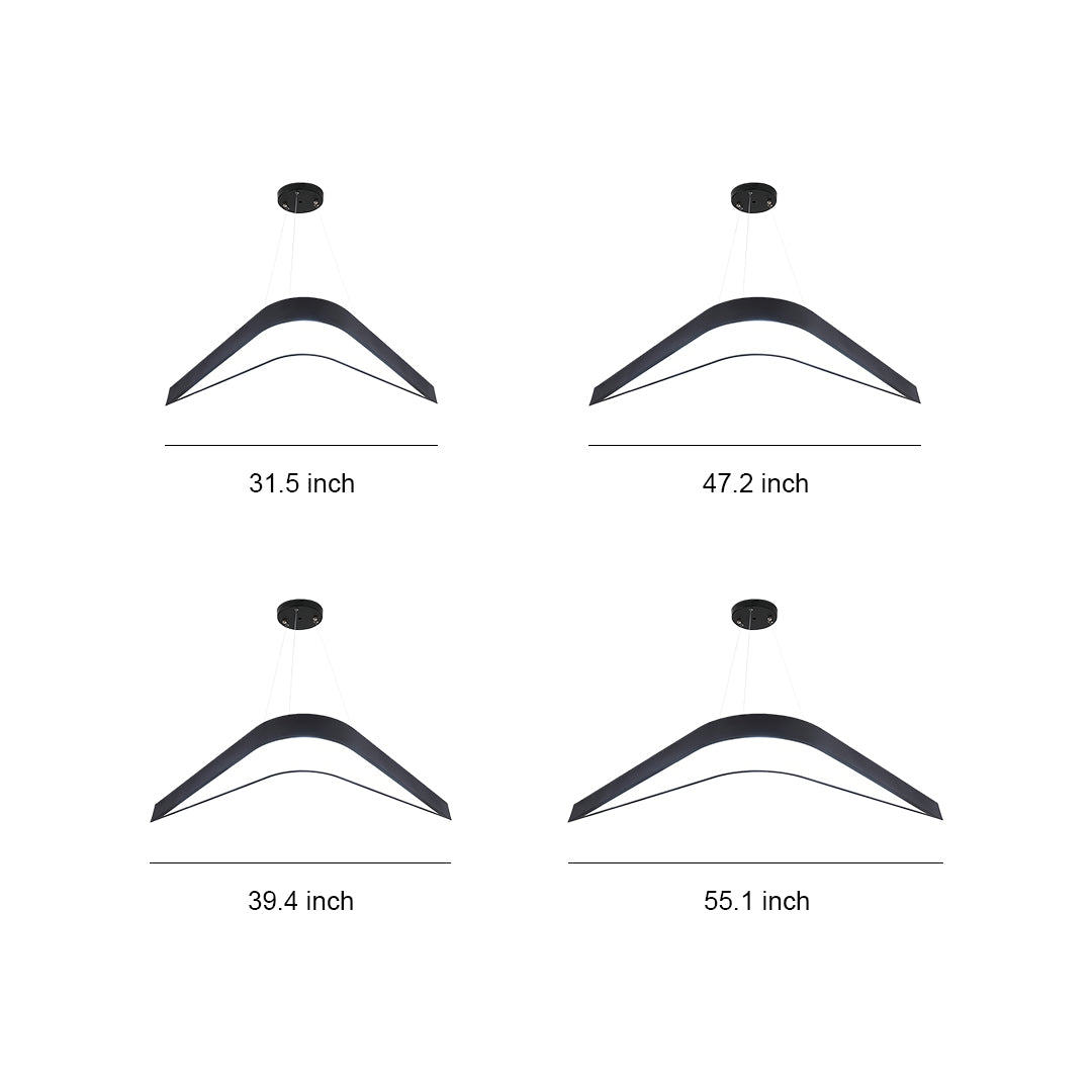 Sleek modern wrought iron chandelier with curved design, suspended from the ceiling for a minimalist, contemporary look.