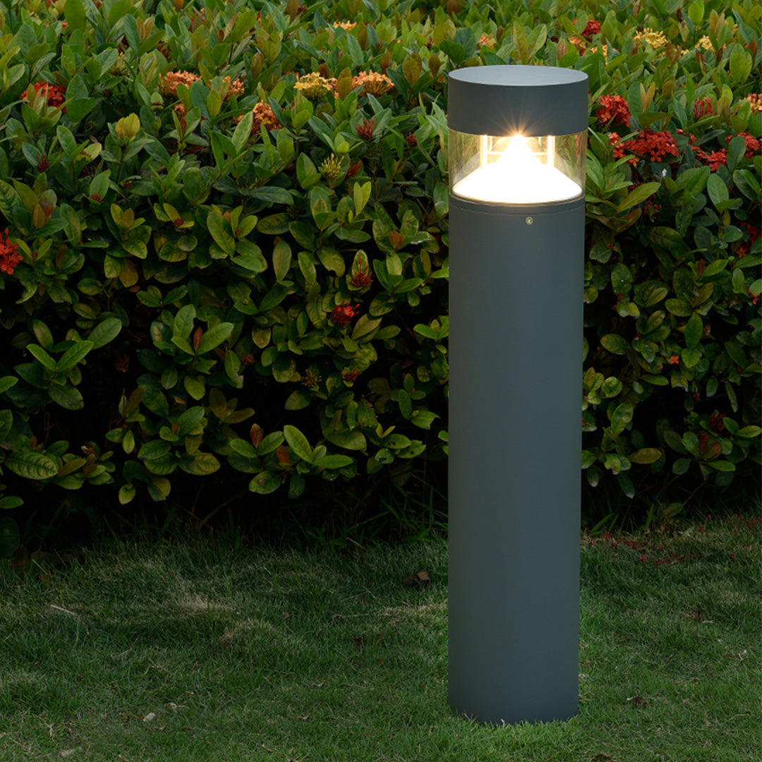 Contemporary cylindrical lights providing pathway guidance along curved park roadway