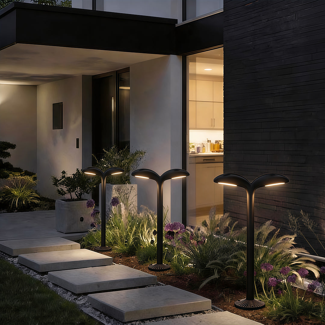 Curved path light enhancing a contemporary house entrance with elegant directional light.
