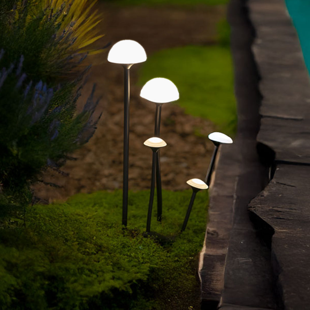 Garden lights landscape creating dramatic evening illumination along curved pathway with warm ambient glow