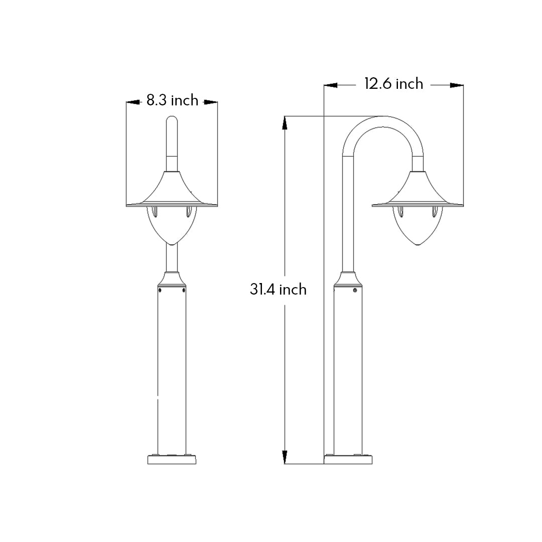 Technical drawing with detailed specifications for curved shepherd's hook style pathway light fixture